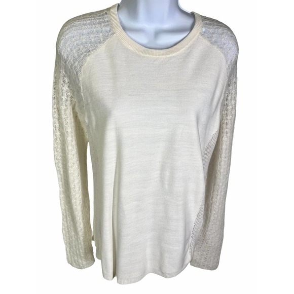 TILDON Ivory Long Sheer Knit Sleeve Keyhole Knit Sweater Women's Size Large NWT - Picture 1 of 8
